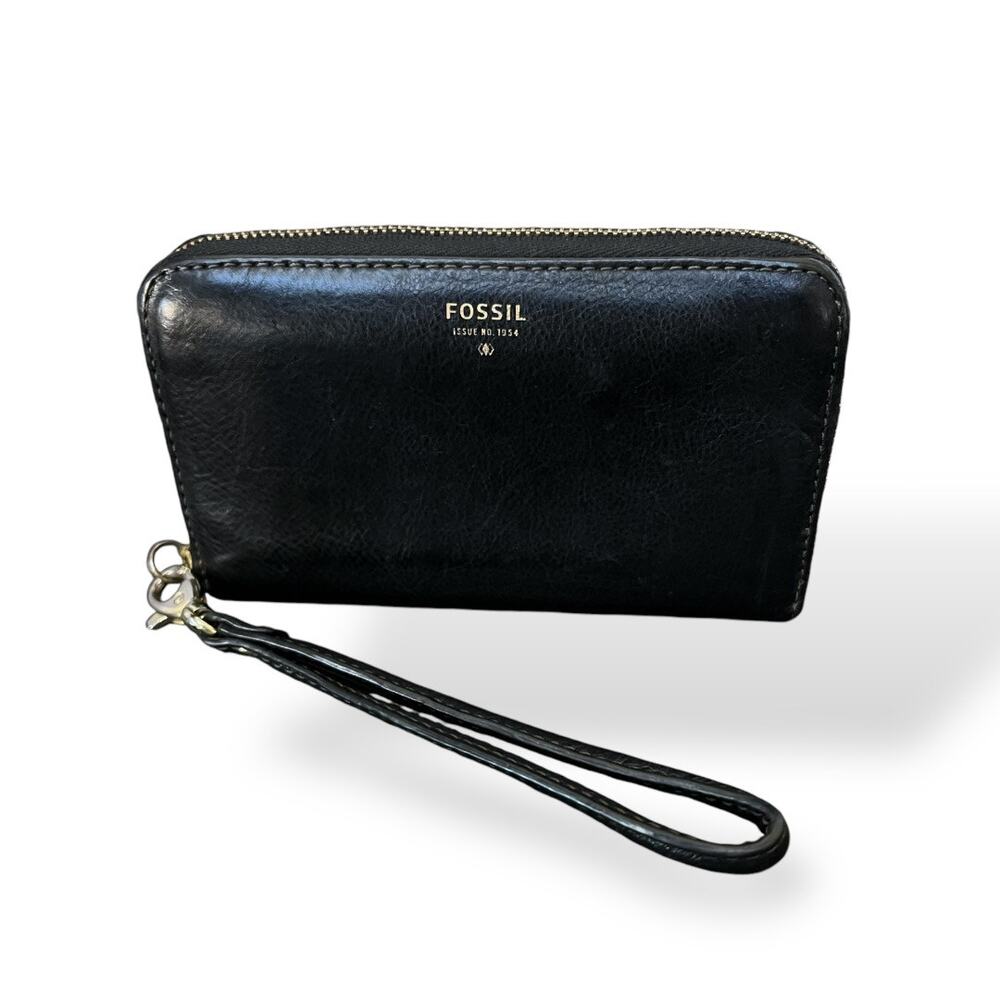 Fossil Sydney Black Leather Zip Around Wallet Wristlet